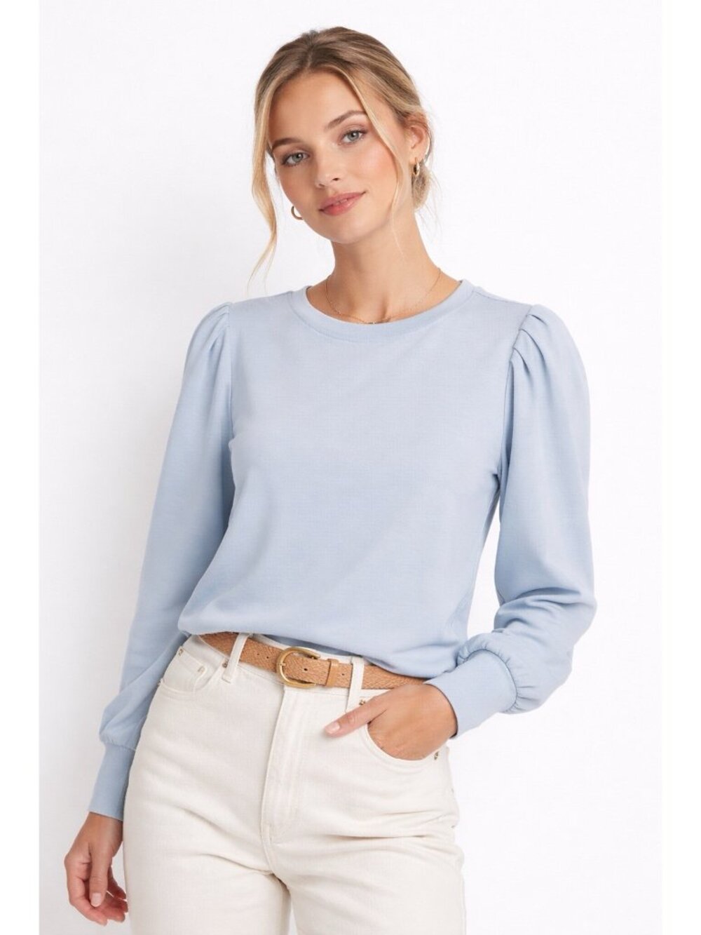 NEW MAGASHONI Light Blue MODAL Top Crewneck Puff Sleeve Sweater Size XLARGE NWOT - Picture 2 of 8